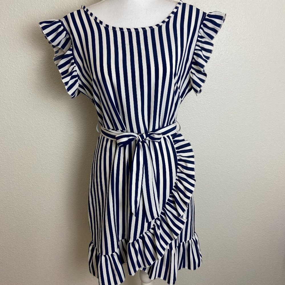 Stellah Blue& White Strip Ruffle Dress Size Small